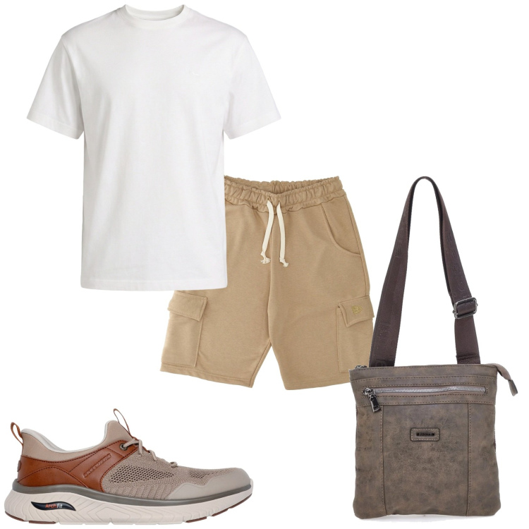 Outfit uomo - Pronto per la giornata. Stile Urban per Tutti i giorni. Abbinamento con t-shirt, sneakers, portafogli, pantaloni corti.