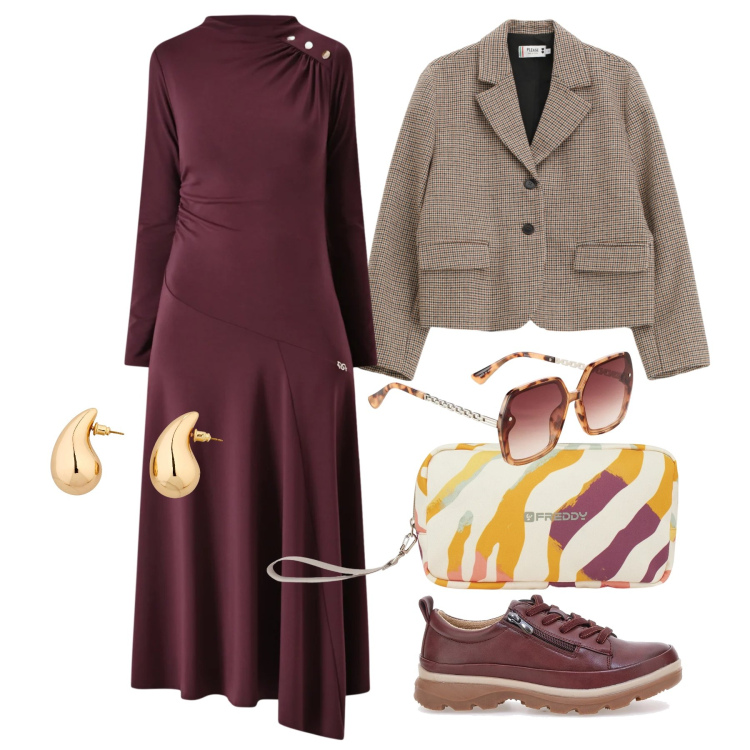 Outfit donna - Marzo. Stile Trendy per Tutti i giorni. Abbinamento con orecchini, occhiali da sole, blazer, valigie, vestiti midi/longuette, scarpe stringate.