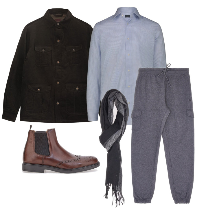 Outfit uomo - Marzo. Stile Trendy per Tutti i giorni. Abbinamento con sciarpe, stivali e stivaletti, camicie, cappotti, pantaloni cargo.