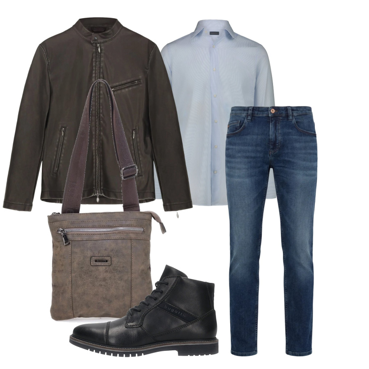 Outfit uomo - Marzo. Stile Trendy per Tutti i giorni. Abbinamento con jeans, giacche, portafogli, camicie, anfibi.