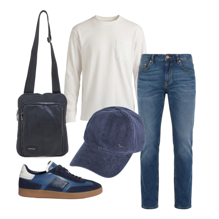Outfit uomo - Marzo. Stile Urban per Tutti i giorni. Abbinamento con t-shirt, sneakers, jeans, cappelli con visiera, portafogli.
