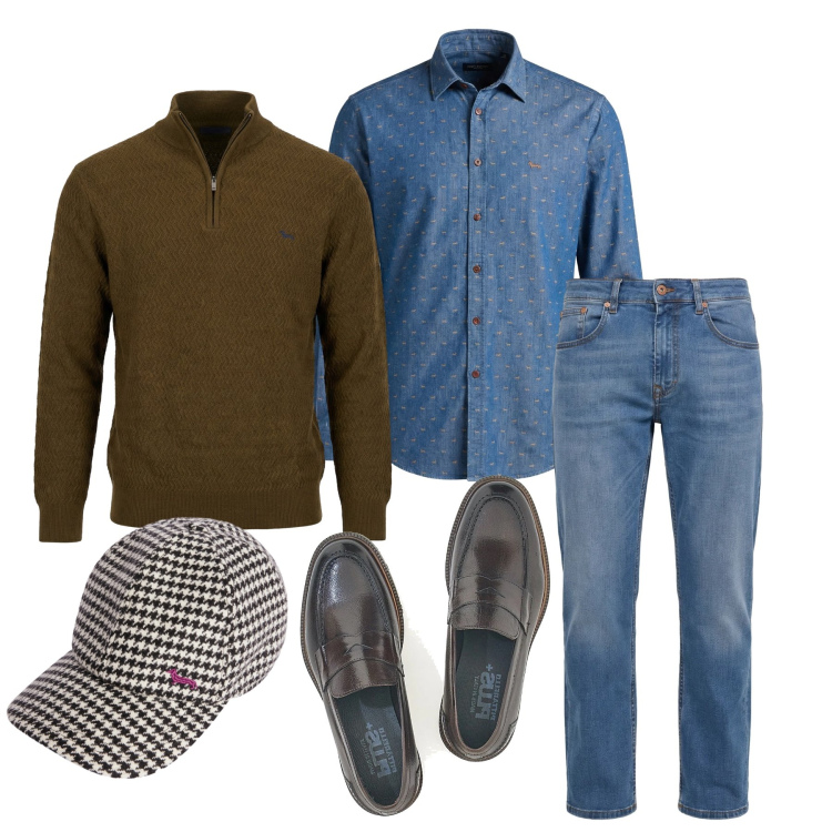 Outfit uomo - Marzo. Stile Trendy per Tutti i giorni. Abbinamento con camicie, jeans, pullovers, cappelli con visiera, scarpe stringate.