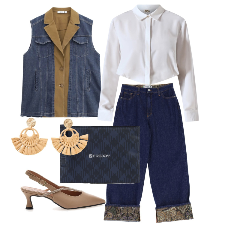 Outfit donna - Marzo. Stile Trendy per Tutti i giorni. Abbinamento con orecchini, clutch, gilet, jeans, camicie, décolleté.