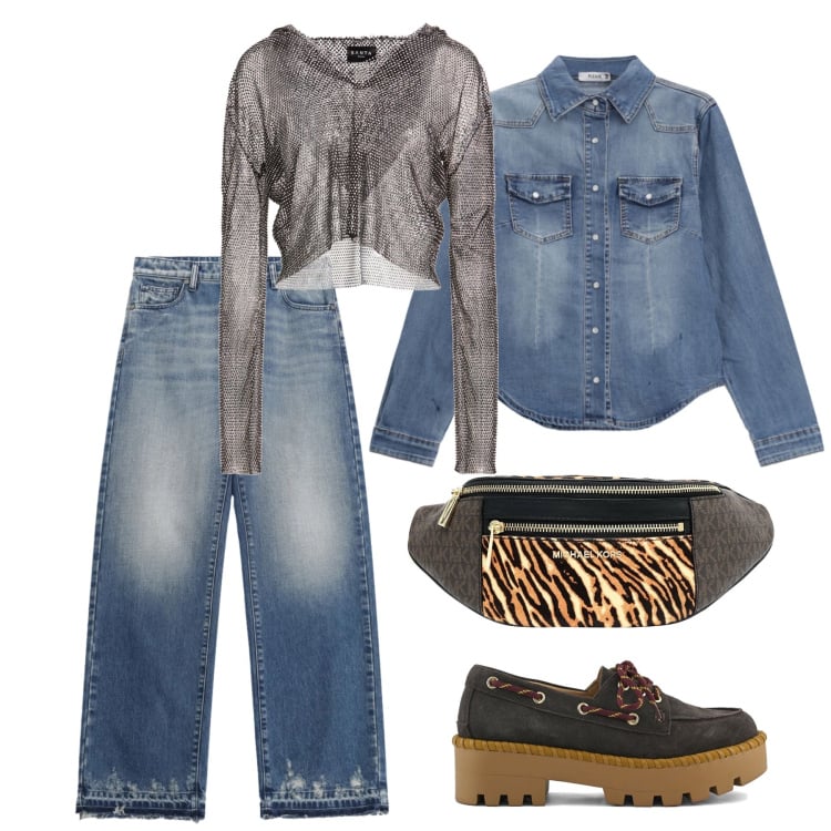 Outfit donna - Marzo. Stile Urban per Tutti i giorni. Abbinamento con marsupi, top, jeans, camicie, mocassini.