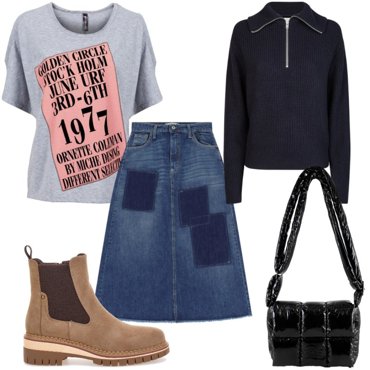 Outfit donna - Total look #2350232. Stile Trendy per Tutti i giorni. Abbinamento con maglieria, gonne lunghe, borse a spalla, maglieria, stivaletti chelsea.