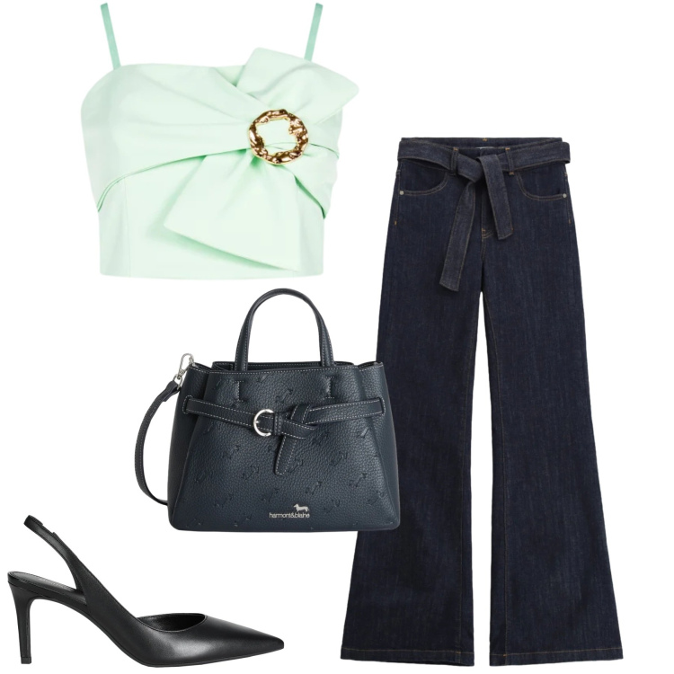 Outfit donna - Primavera. Stile Casual chic per Tutti i giorni. Abbinamento con décolleté, borse a mano, jeans a zampa, top.
