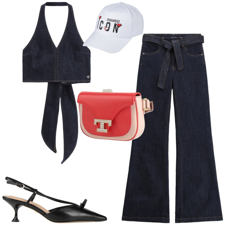 Outfit donna - Please. Stile Casual chic per Serata fuori. Abbinamento con décolleté, marsupi, cappelli con visiera, jeans a zampa, top.