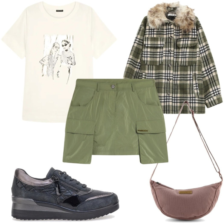 Outfit donna - Total look #2350245. Stile Basic per Tutti i giorni. Abbinamento con t-shirt, minigonne, cappotti, scarpe stringate, borse a tracolla.