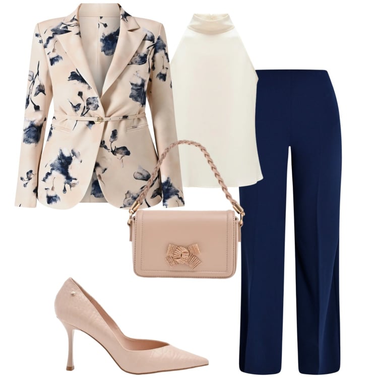 Outfit donna - Laurea. Stile Chic per Cerimonia. Abbinamento con pantaloni a palazzo, top, pochette, décolleté, blazer.