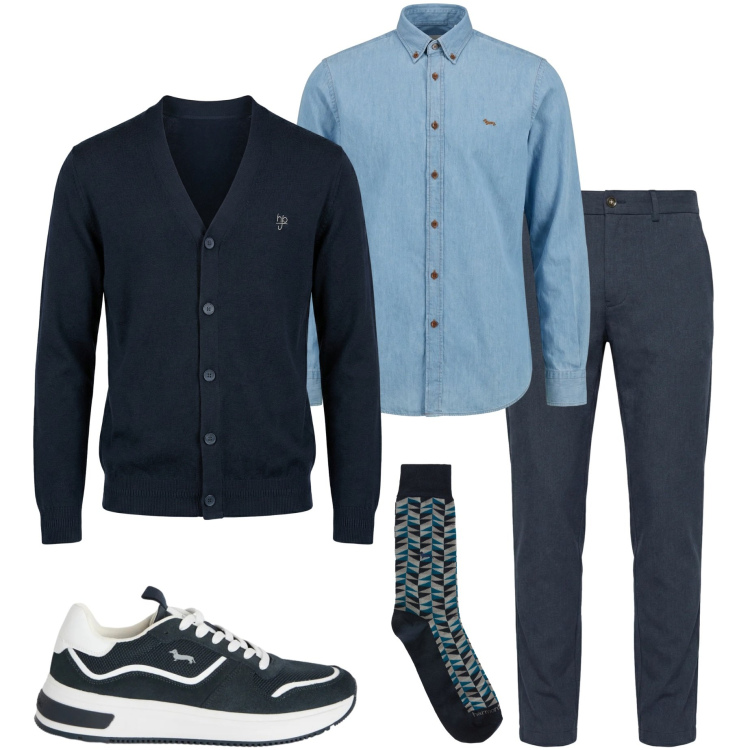 Outfit uomo - Harmont & Blaine. Stile Casual per Ufficio. Abbinamento con sneakers, pantaloni chino, cardigans, camicie, calzini.