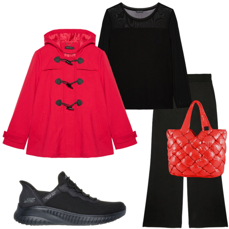 Outfit donna - Fine inverno. Stile Urban per Tutti i giorni. Abbinamento con blazer, t-shirt, pantaloni, borse tote, sneakers.