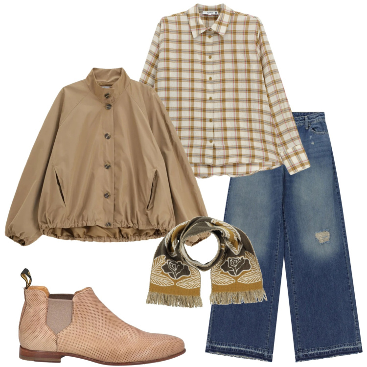 Outfit donna - Marzo. Stile Casual chic per Tutti i giorni. Abbinamento con stivaletti chelsea, sciarpe, bomber, camicie, jeans dritti.