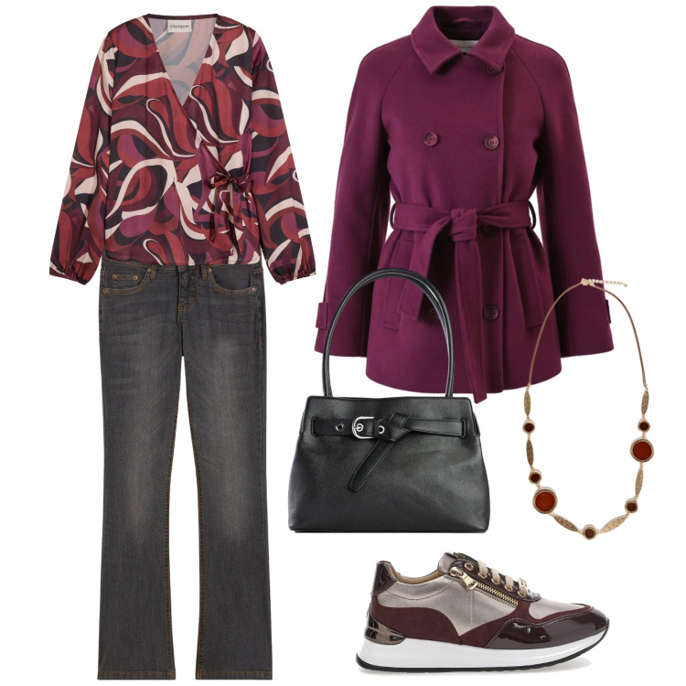 Outfit donna - R&R. Stile Casual per Tutti i giorni. Abbinamento con jeans bootcut, camicie, borse a mano, collane, caban, sneakers alte.