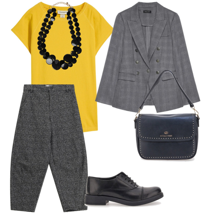 Outfit donna - Lunedì. per Tutti i giorni. Abbinamento con t-shirt, collane, blazer, pantaloni, borse a tracolla, scarpe stringate.