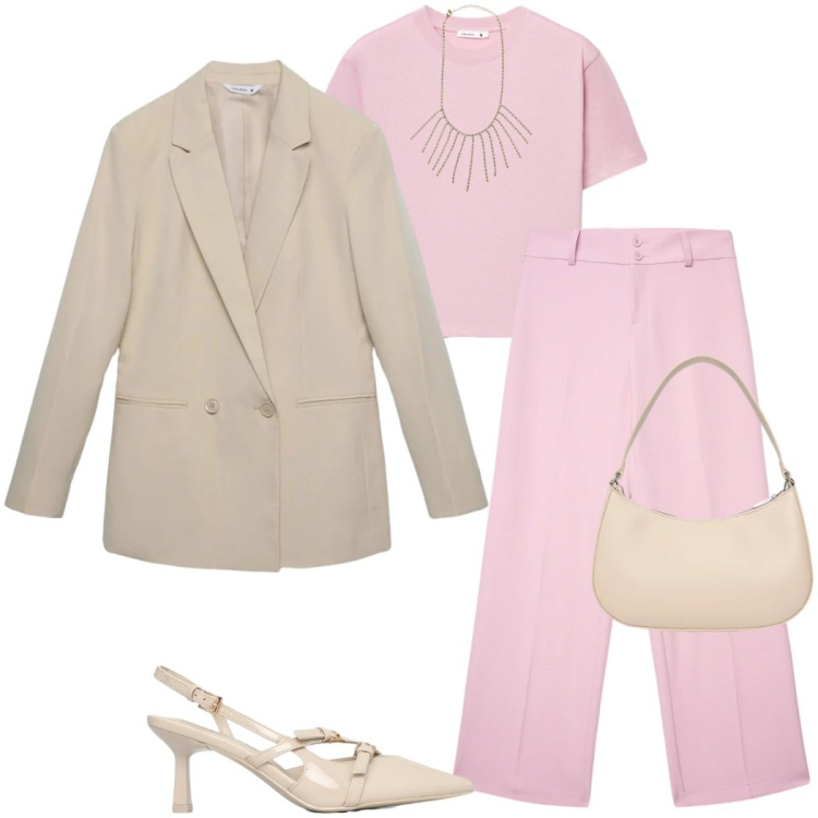 Outfit donna - Terranova SS 26. Stile Casual chic per Serata fuori. Abbinamento con t-shirt, pantaloni, blazer, décolleté, borse a tracolla, collane.