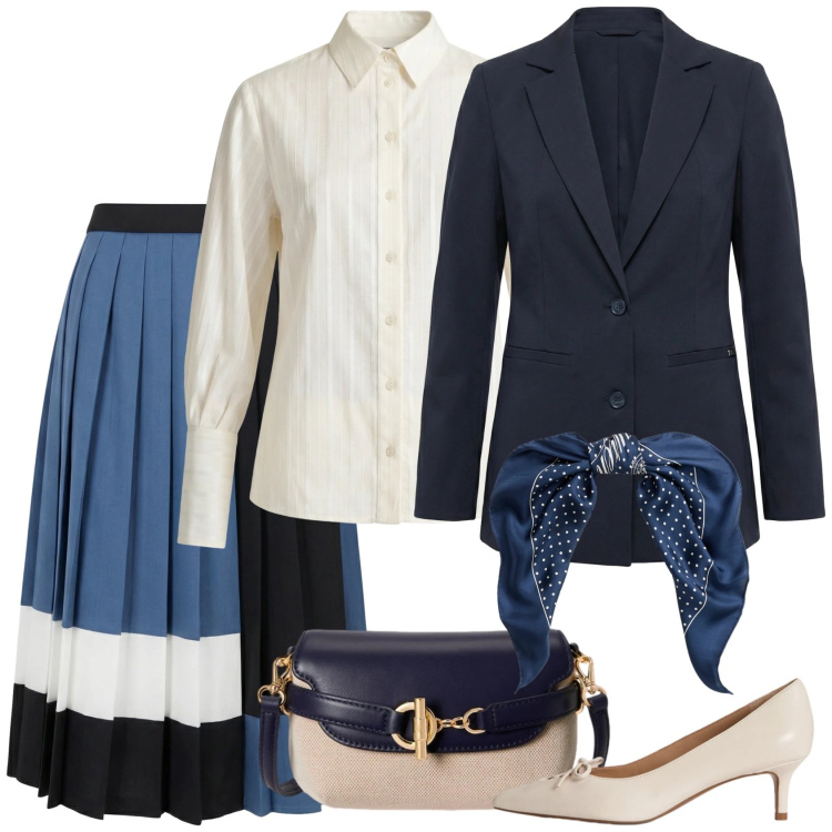 Outfit donna - I colori del Mediterraneo. Stile Casual chic per Serata fuori. Abbinamento con gonne longuette, camicie, blazer, foulard, borse a tracolla, décolleté.