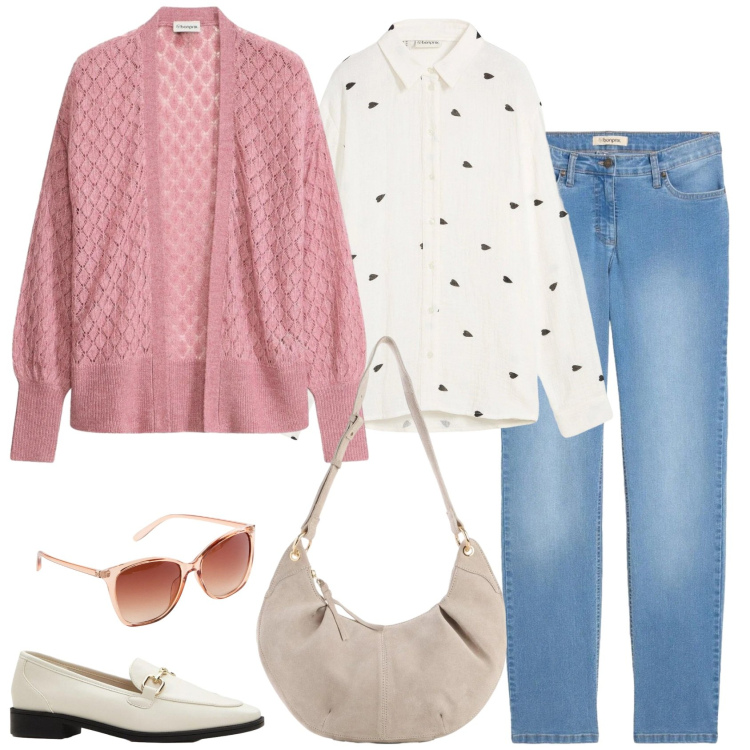 Outfit donna - Romantico jeans. Stile Casual per Tutti i giorni. Abbinamento con cardigans, camicie, jeans dritti, mocassini, borse a tracolla, occhiali da sole.
