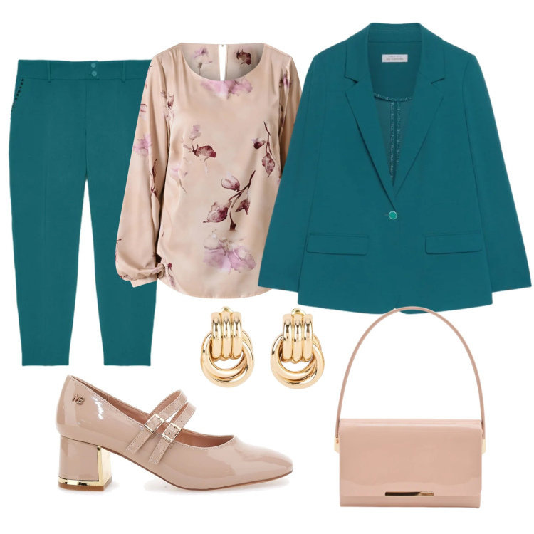 Outfit donna - Blazer ottanio. Stile Basic per Tutti i giorni. Abbinamento con orecchini, blazer, pantaloni chino, pochette, bluse, décolleté.