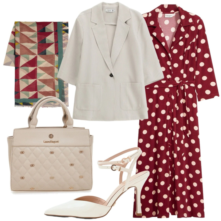 Outfit donna - Abito a pois con blazer. Stile Bon Ton per Ufficio. Abbinamento con vestiti chemisier, sciarpe, blazer, décolleté, borse a mano.