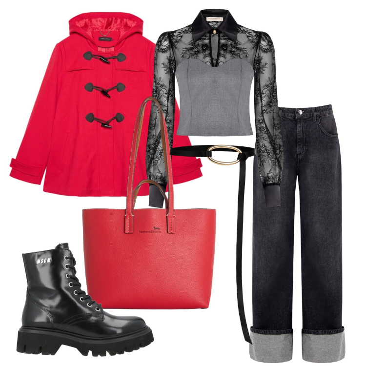 Outfit donna - Marzo. Stile Casual chic per Tutti i giorni. Abbinamento con anfibi, shopping bag, blazer, jeans, cinture, bluse.