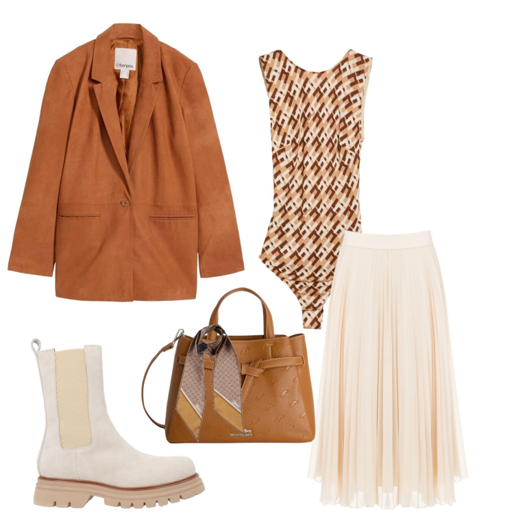 Outfit donna - Urban Desert Chic. Stile 70s per Tutti i giorni. Abbinamento con stivaletti, sciarpe, body, blazer, borse a mano, gonne longuette.