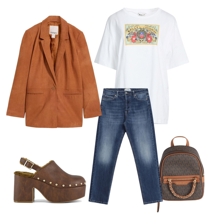 Outfit donna - Weekend Relaxed Chic. Stile Casual chic per Tutti i giorni. Abbinamento con t-shirt, zaini, blazer, jeans, sabot.