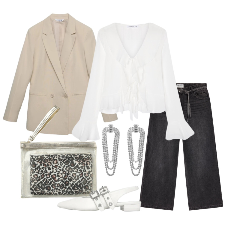Outfit donna - Marzo. Stile Trendy per Tutti i giorni. Abbinamento con bluse, jeans, pochette, orecchini, ballerine, blazer.