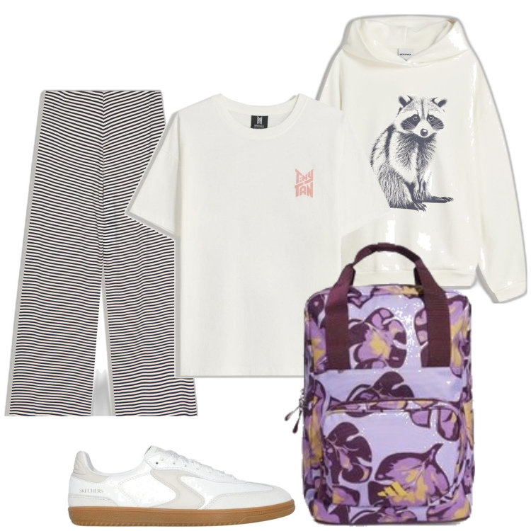 Outfit mujer - Casual look. Estilo Casual para Todos los días. Combinación con sneakers, mochilas, sudaderas con capucha, camiseta, pantalones.