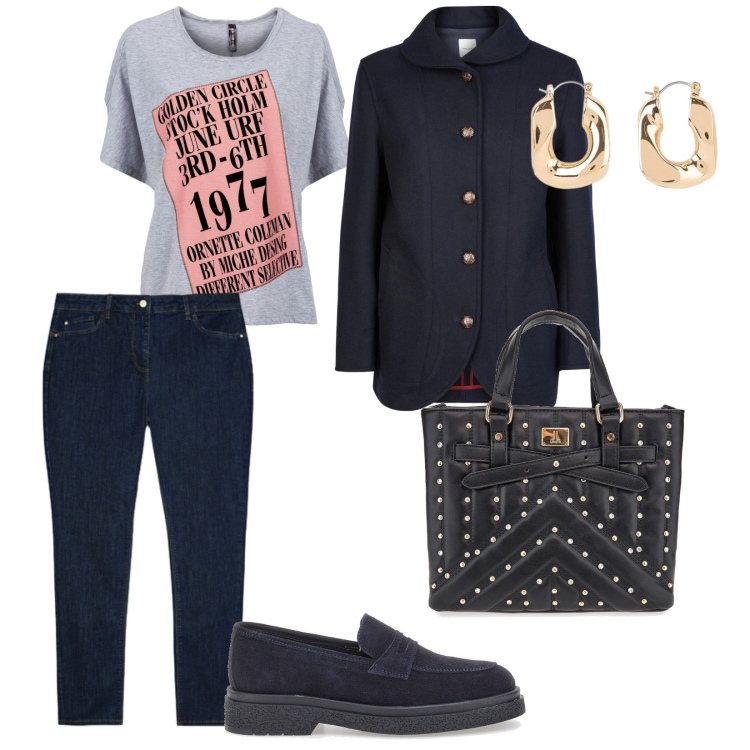 Outfit donna - La borsa borchiata. per Tutti i giorni. Abbinamento con maglieria, orecchini, jeans skinny, blazer, borse a mano, mocassini.