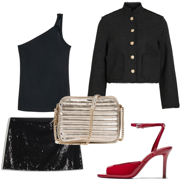 Outfit mujer - Sexy look. Estilo Sexy para Noche/Fiesta elegante. Combinación con bolsos de hombro, sandalias de tacón, camisetas sin mangas, blazers, faldas.