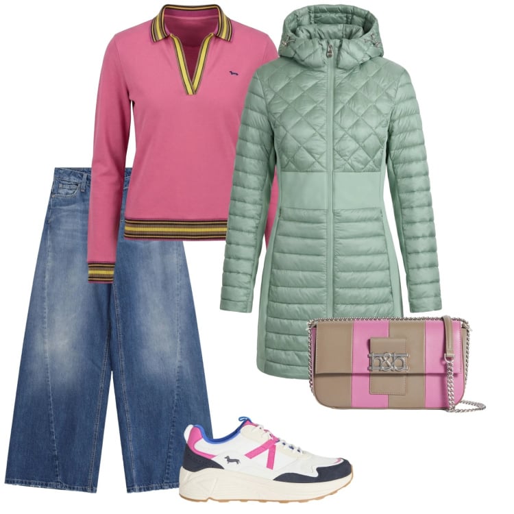 Outfit donna - Primavera un po\' fredda. per Tutti i giorni. Abbinamento con piumini, polo, sneakers, borse a spalla, jeans.