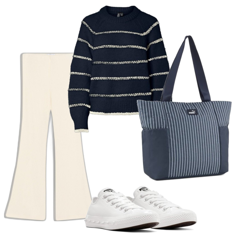 Outfit mujer - Casual look. Estilo Casual para Todos los días. Combinación con bolso tote, sneakers, prendas de punto, pantalones.