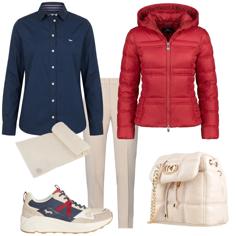 Outfit donna - Total look #2350306. Stile Casual per Tutti i giorni. Abbinamento con valigie, pantaloni, piumini, sneakers, camicie, sciarpe.