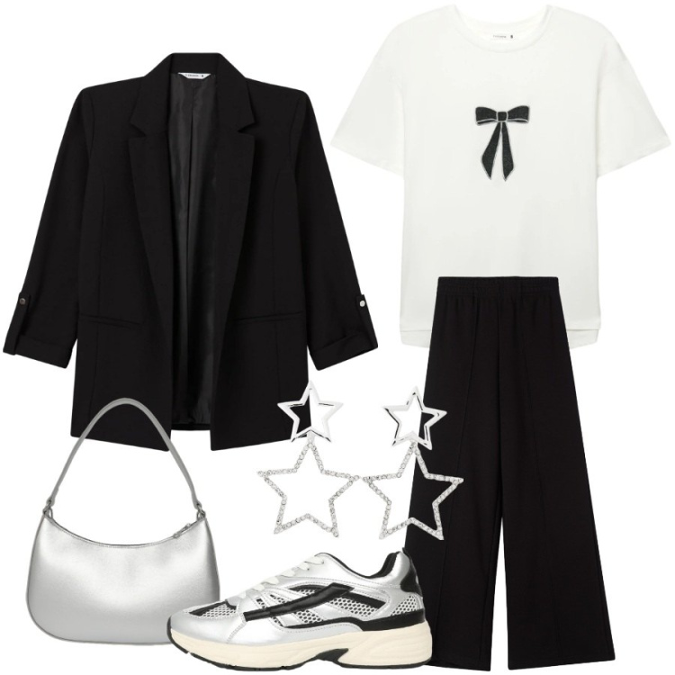 Outfit donna - Total look #2350308. Stile Casual chic per Serata fuori. Abbinamento con pantaloni, orecchini, t-shirt, sneakers, borse a tracolla, blazer.
