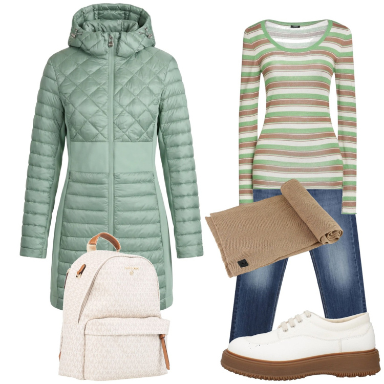 Outfit donna - Total look #2350311. Stile Casual per Tutti i giorni. Abbinamento con zaini, pullovers, scarpe stringate, piumini, jeans, sciarpe.