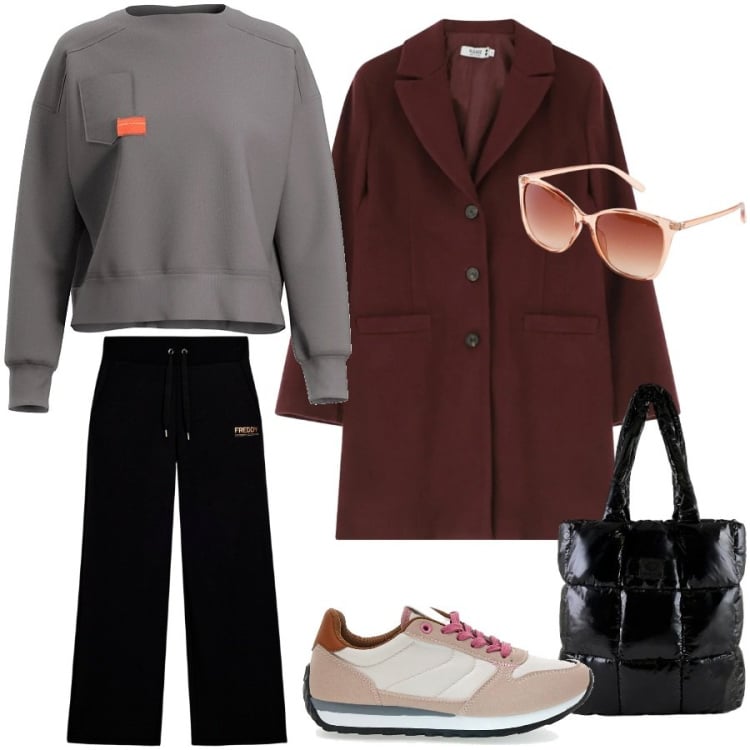 Outfit donna - Total look #2350313. Stile Sporty chic per Tutti i giorni. Abbinamento con occhiali da sole, pantaloni, cappotti, shopping bag, felpe, sneakers.