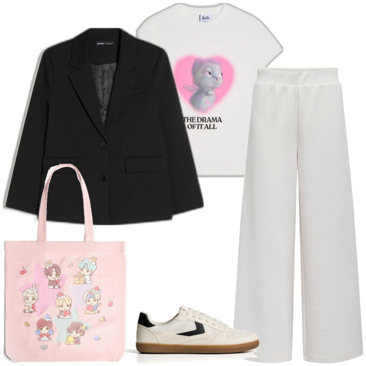 Outfit mujer - Casual #1837. Estilo Casual para Todos los días. Combinación con sneakers, bolso shopper, pantalones, blazers, camiseta.