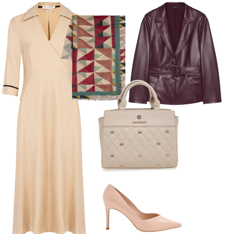 Outfit donna - Invito a pranzo. per Ufficio. Abbinamento con sciarpe, blazer, décolleté, vestiti midi/longuette, borse a mano.
