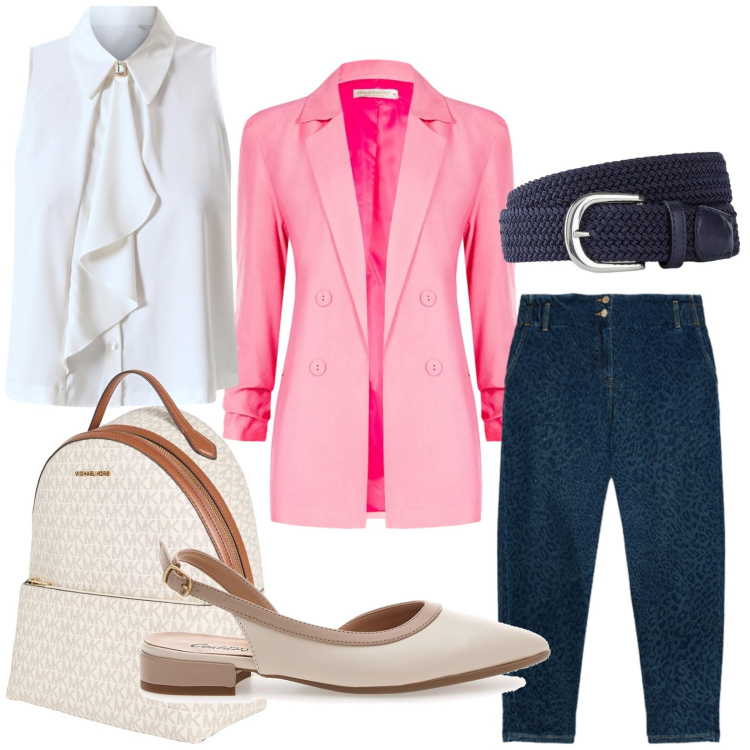 Outfit donna - Romantica chic. Stile Romantica per Ufficio. Abbinamento con zaini, cinture, jeans, blazer, camicie, ballerine.