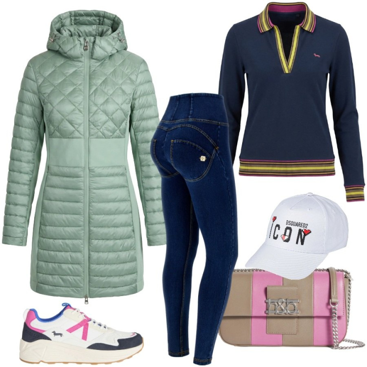 Outfit donna - Total look #2350319. Stile Urban per Tutti i giorni. Abbinamento con cappelli con visiera, piumini, borse a spalla, sneakers, polo, jeggings.