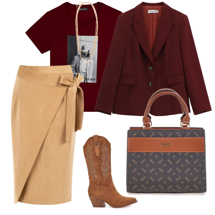 Outfit donna - Bordeaux. per Tutti i giorni. Abbinamento con collane, t-shirt, blazer, gonne longuette, borse a mano, stivali.