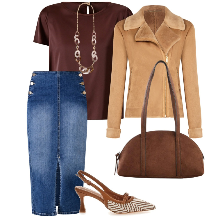 Outfit donna - La gonna in denim. per Scuola/Università. Abbinamento con borse a tracolla, collane, gonne longuette, bluse, giacche, décolleté.