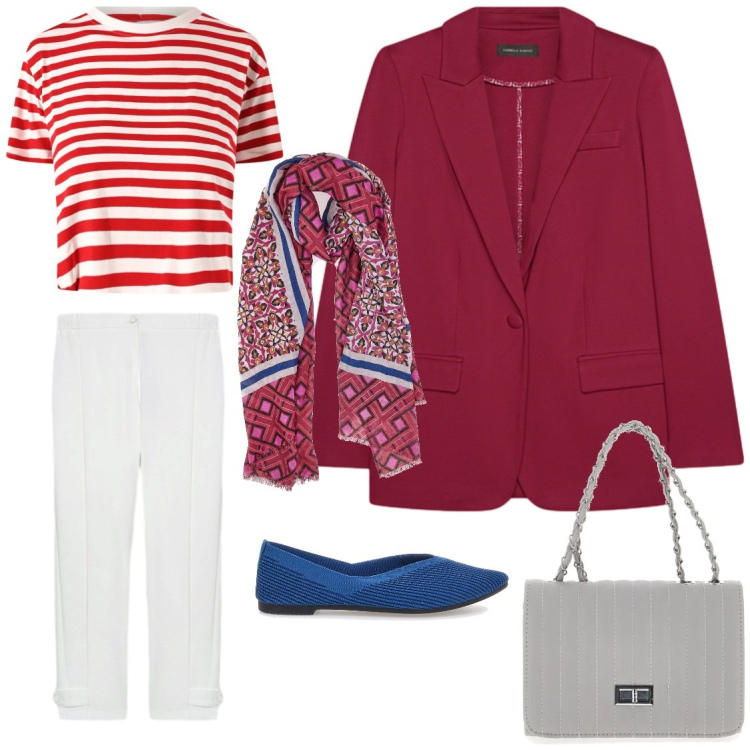 Outfit donna - Blazer rosso. Stile Trendy per Tutti i giorni. Abbinamento con blazer, pantaloni, t-shirt, foulard, borse a tracolla, ballerine.