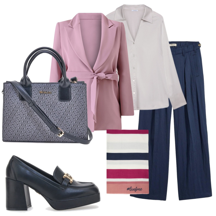 Outfit donna - Ufficio taglia curvy. Stile Urban per Ufficio. Abbinamento con pantaloni, blazer, camicie, sciarpe, borse a tracolla, mocassini.