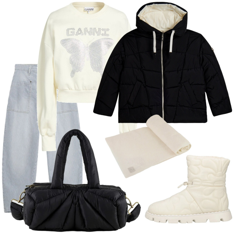 Outfit donna - Gorpcore in città. Stile Trendy per Tutti i giorni. Abbinamento con stivaletti, felpe, piumini, jeans, sciarpe, borse a mano.