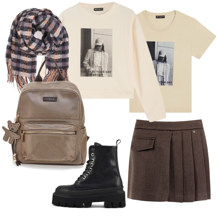 Outfit donna - Mini a pieghe per la scuola. Stile Casual per Scuola/Università. Abbinamento con felpe, t-shirt, minigonne, sciarpe, anfibi, zaini.