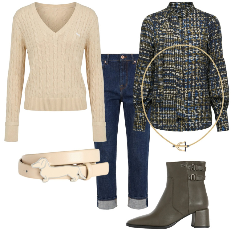 Outfit donna - New collection. Stile Trendy per Tutti i giorni. Abbinamento con camicie, stivaletti, jeans, pullovers, cinture, ciondoli.