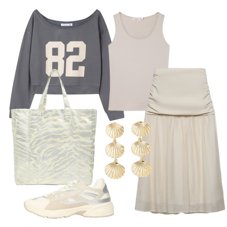 Outfit donna - Marzo. Stile Urban per Tutti i giorni. Abbinamento con gonne longuette, top, orecchini, sneakers, shopping bag, felpe.