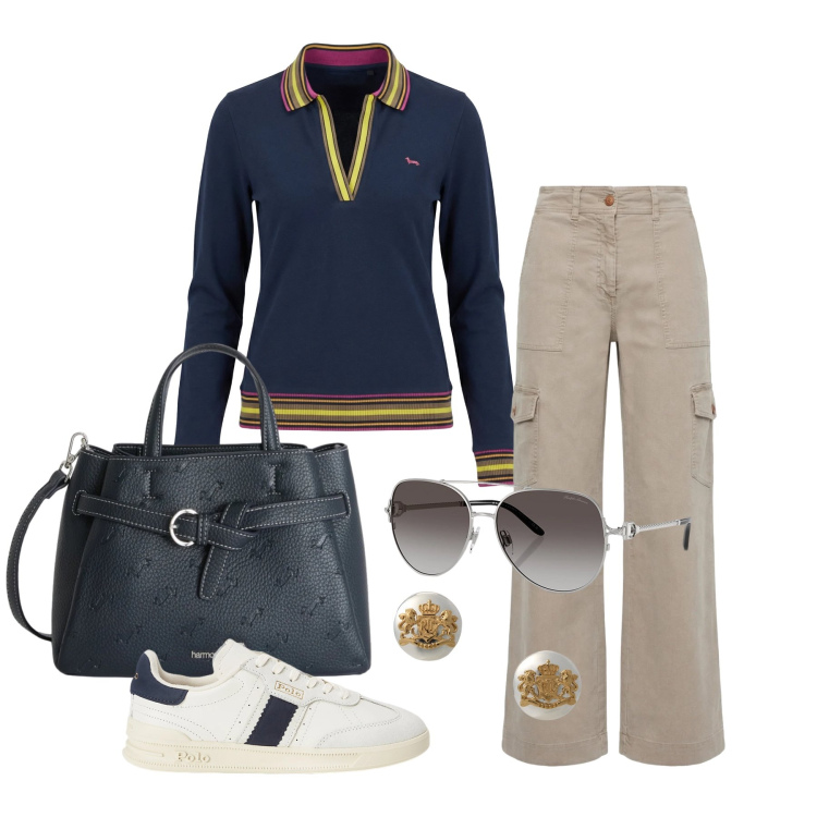 Outfit donna - Marzo. Stile Casual chic per Tutti i giorni. Abbinamento con borse a mano, polo, pantaloni cargo, sneakers, orecchini, occhiali da sole.