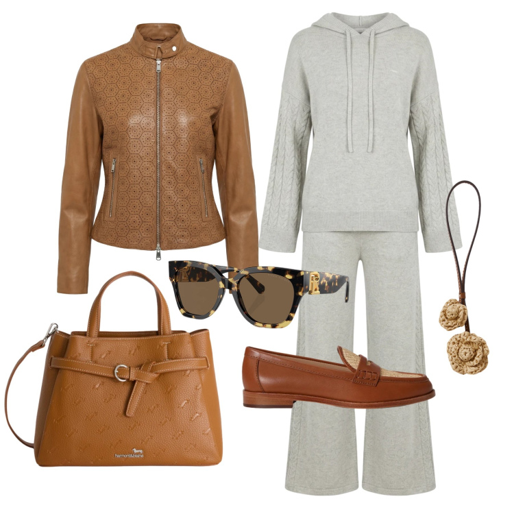 Outfit donna - Marzo. Stile Casual chic per Tutti i giorni. Abbinamento con borse a mano, tute, giacche, ciondoli, occhiali da sole, mocassini.
